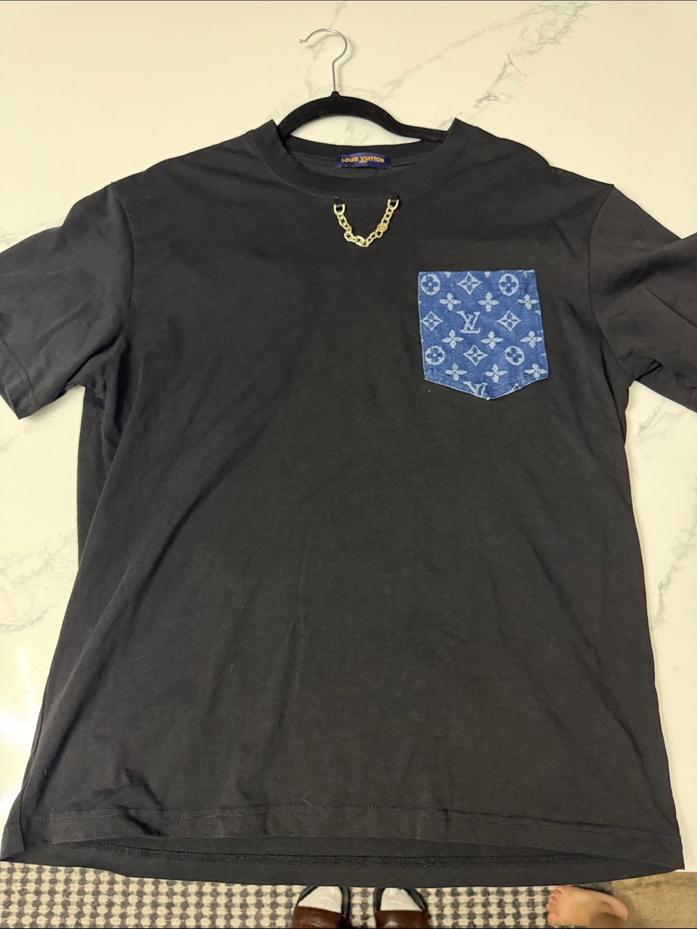 Black Men’s Louis Vuitton Crew Neck T-Shirt with Blue Logo Pocket